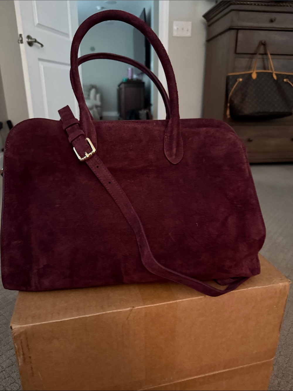 Classic Burgundy Suede Women’s Satchel with Detachable Strap